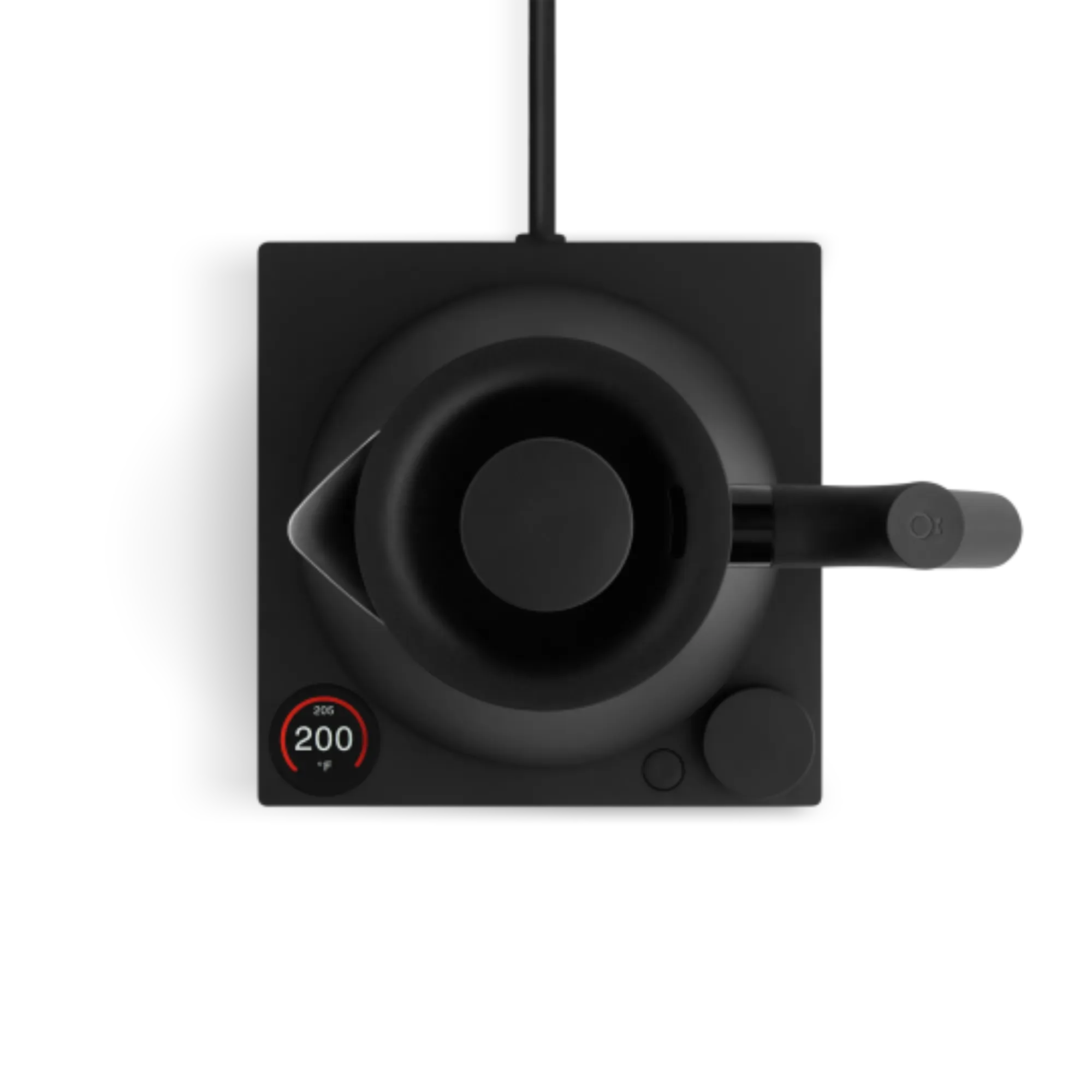 Moderner schwarzer elektrischer Wasserkocher mit digitaler Temperaturanzeige auf quadratischer Basis.