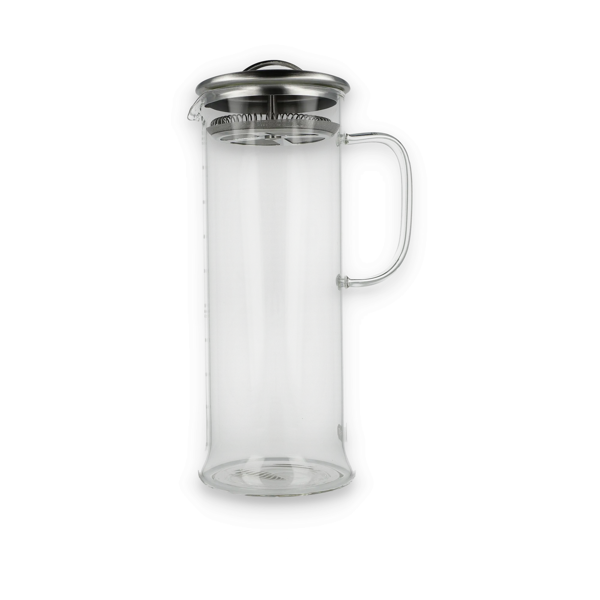 Transparente French-Press-Kanne mit Edelstahl-Deckel und Klarglasgriff, minimalistisch gestaltet.