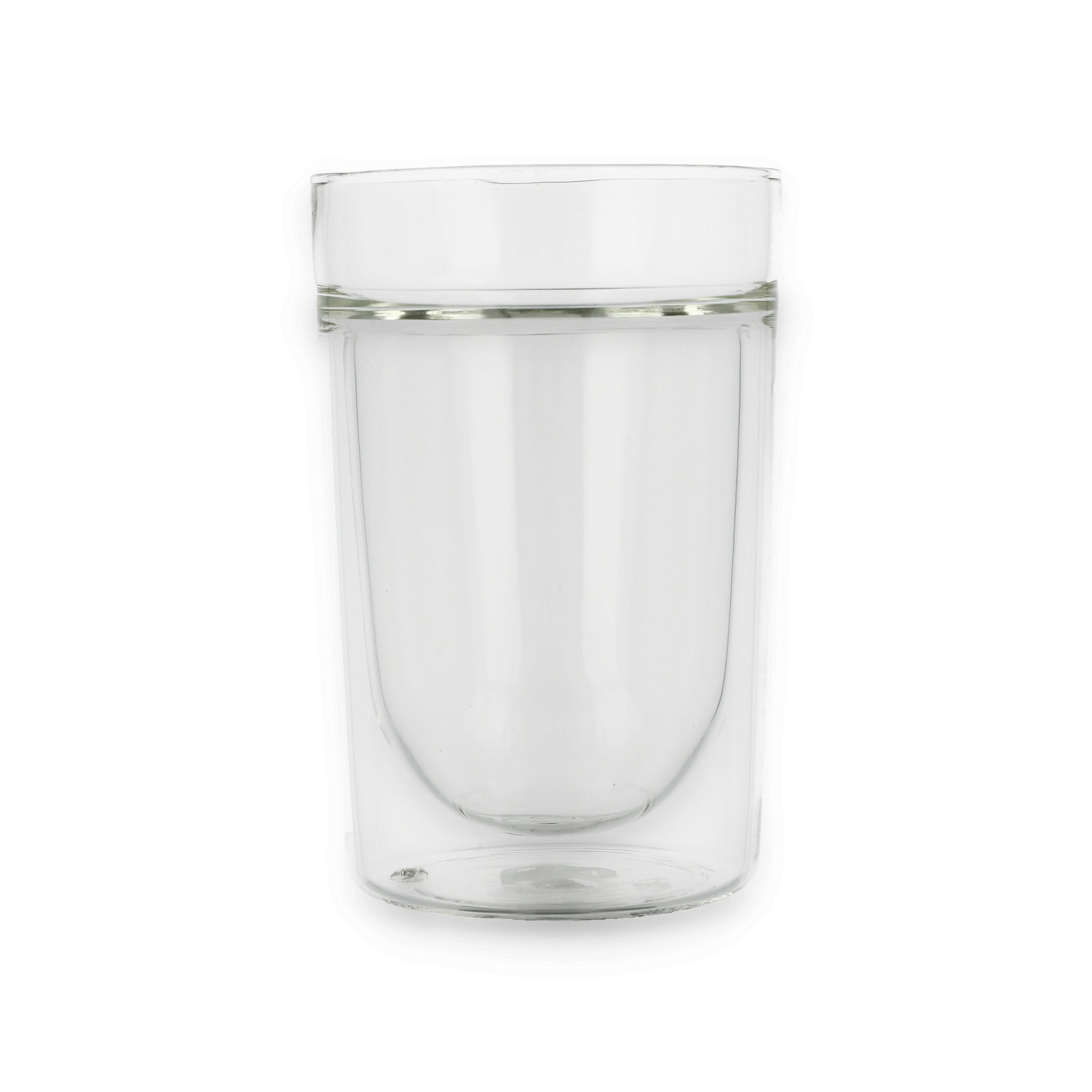 Transparenter doppelwandiger Glasbecher mit rundem Innenfokus und Isolationsfunktion.