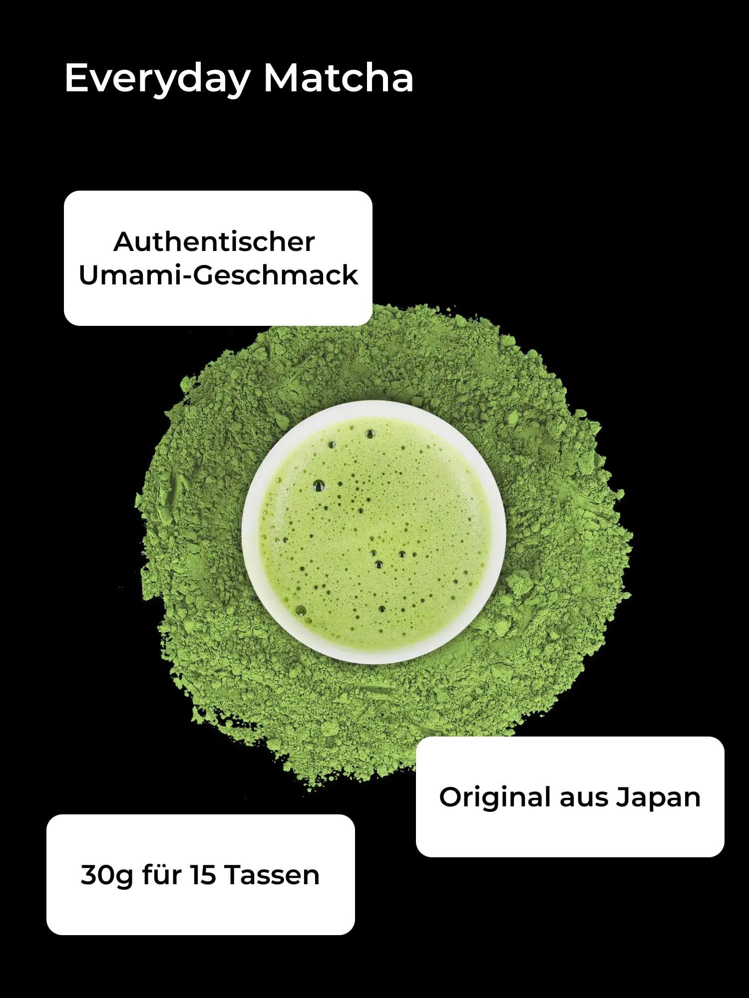 Weiße Tasse mit schaumigem Matcha-Tee und Ring aus Matcha-Pulver, Marke Everyday Matcha.