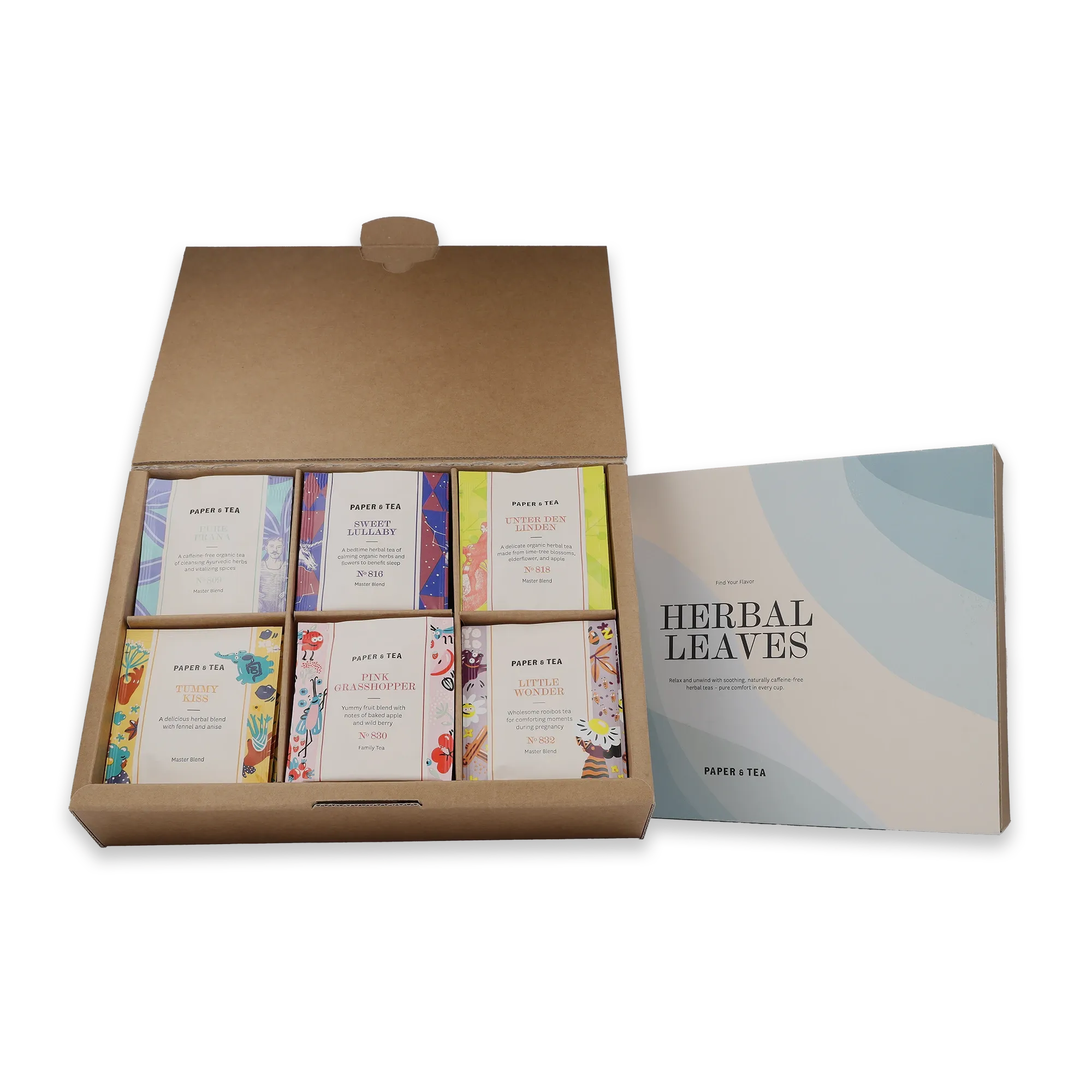 Offene Box mit sechs bunten, biologischen Paper & Tea Kräutertees und Faltblatt 'HERBAL LEAVES'.
