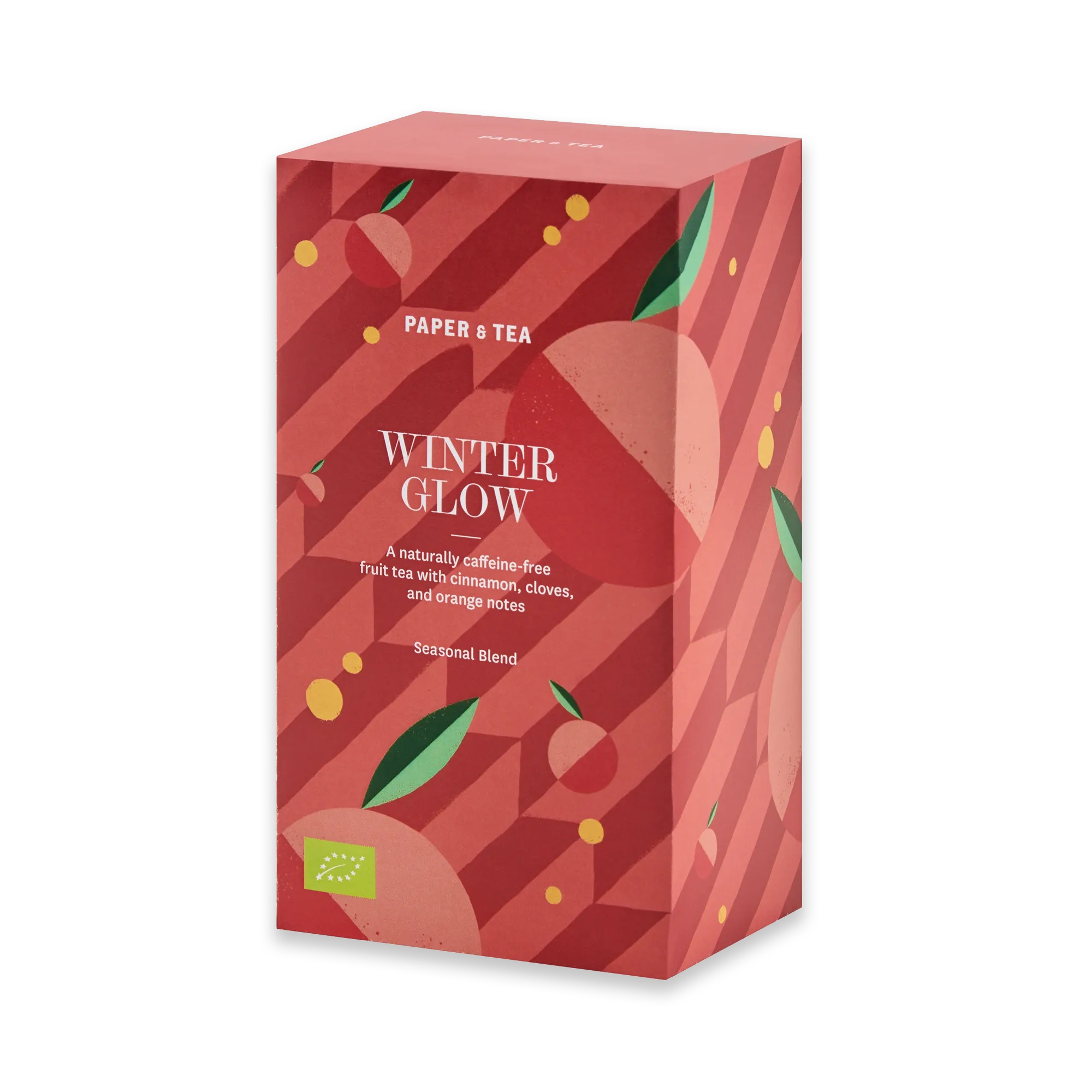 PAPER & TEA Teeverpackung mit rot-pinken Streifen und Winter Glow Kräutertee-Motiven