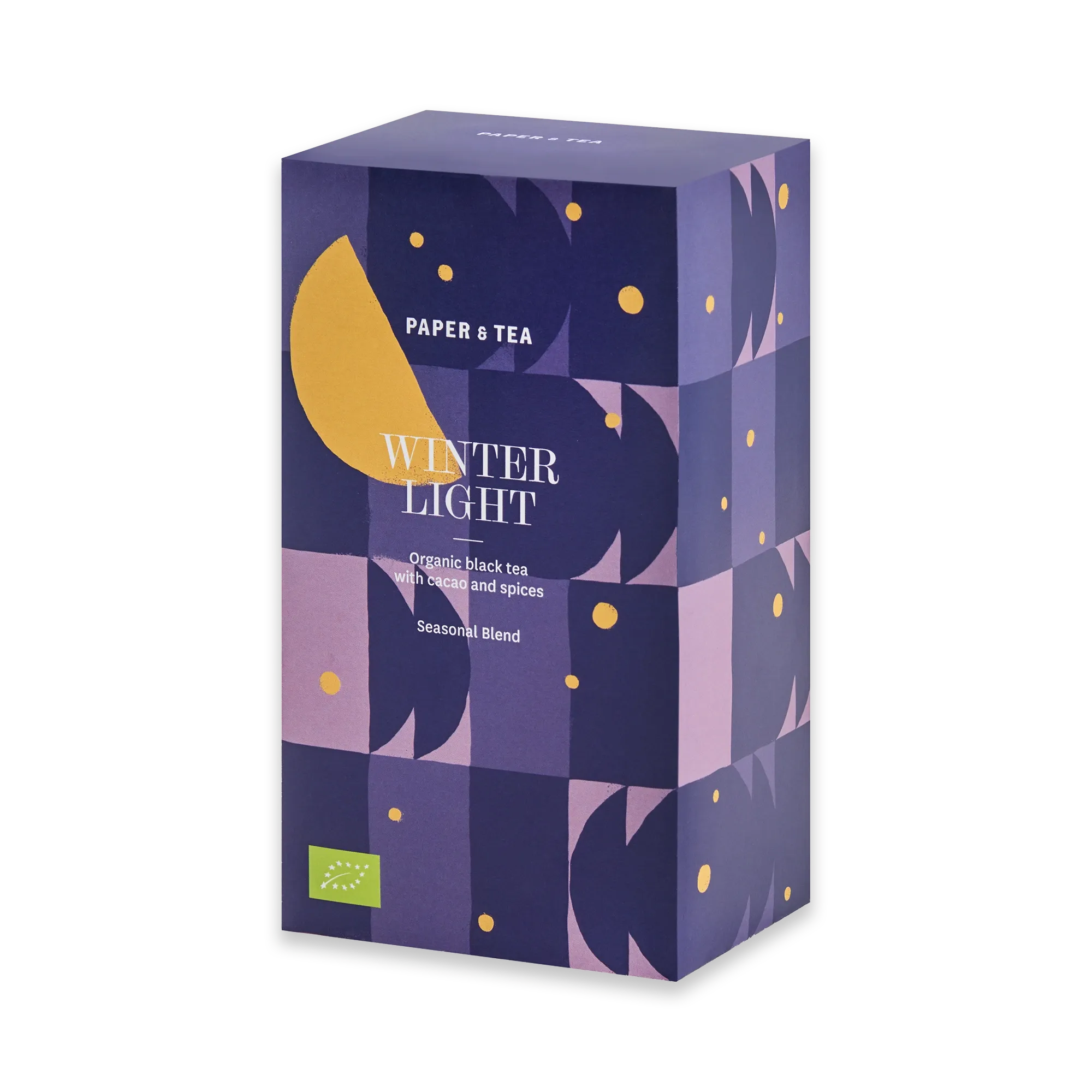 Rechteckige Premium-Teeschachtel mit lila Lavendel-Muster und gelben Akzenten, 'PAPER & TEA WINTER LIGHT' Bio-Schwarztee