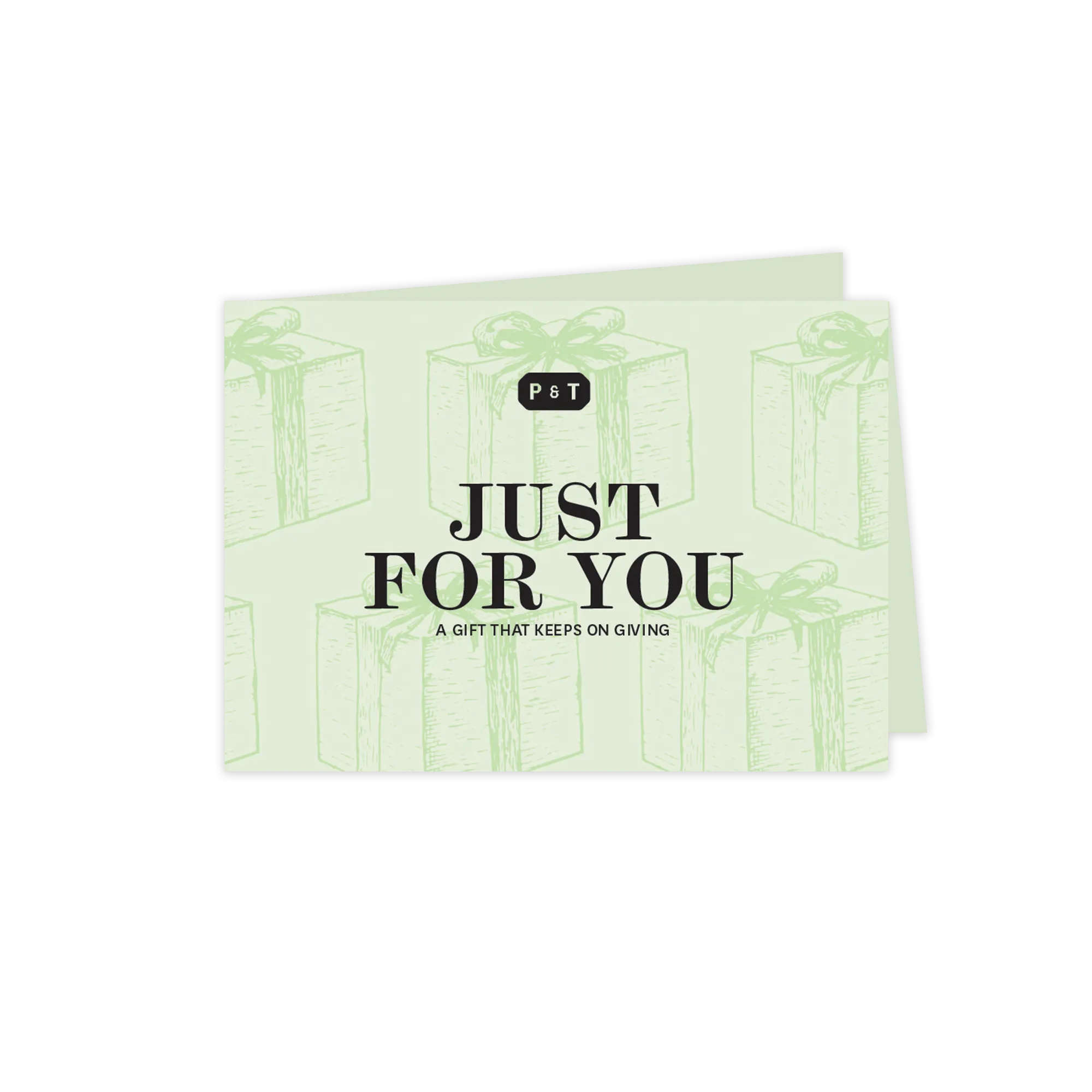 Hellgrüne Geschenkkarte mit gezeichneten Geschenkboxen und Text 'P&T, Nur für dich, Ein Geschenk, das Freude macht'