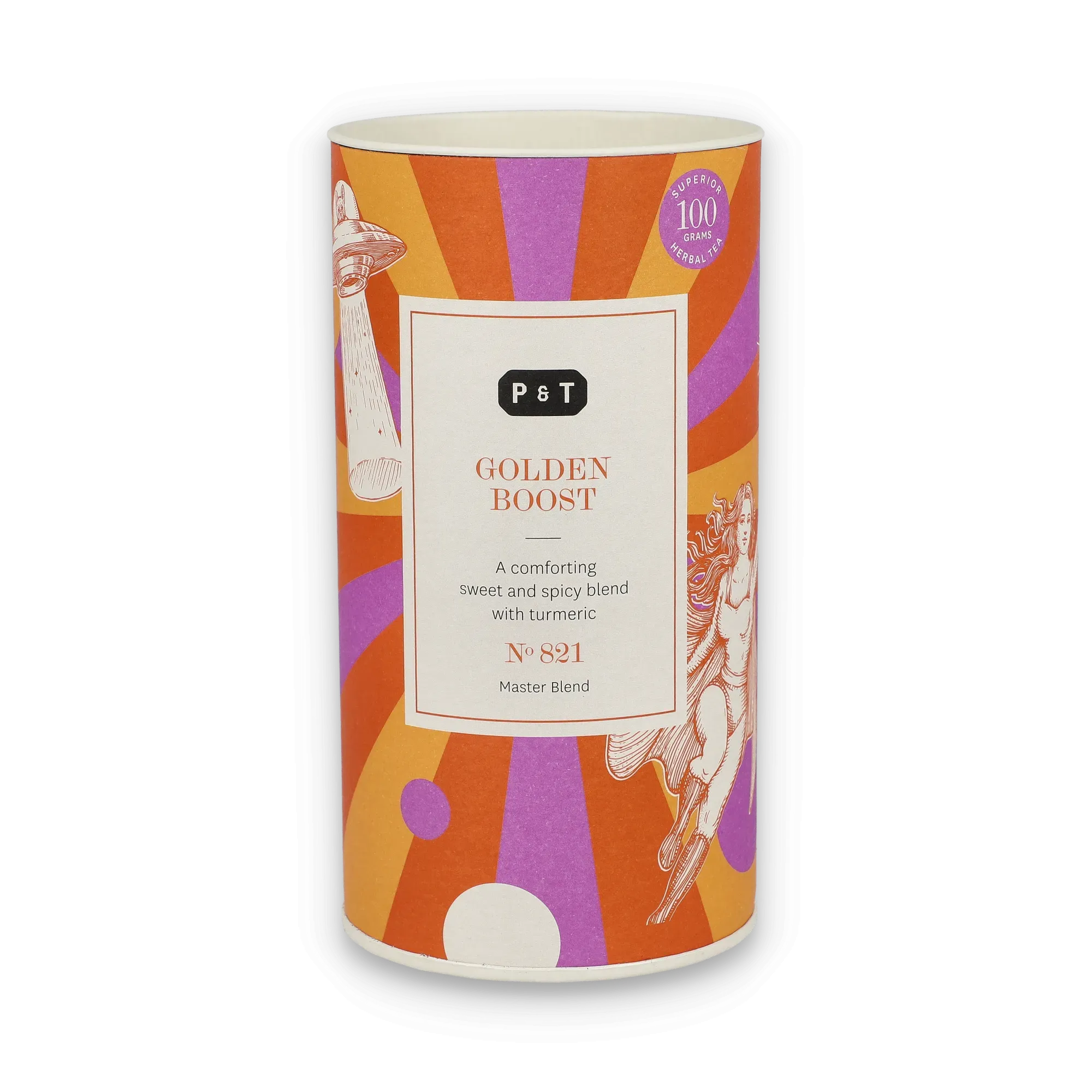 Zylindrische Teedose im Retro-Design, P & T GOLDEN BOOST Kräutertee, süß-würzige Kurkuma-Mischung, 100g
