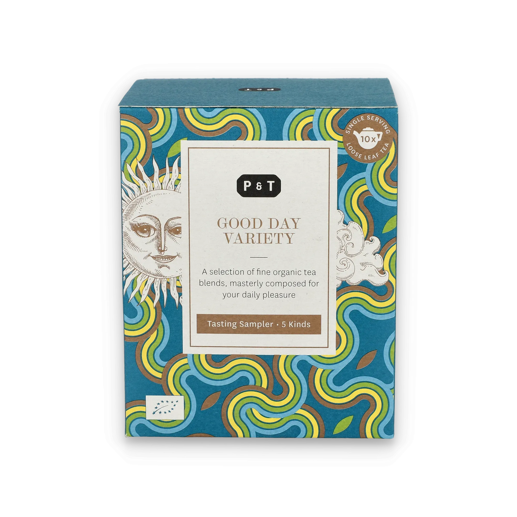 Bunte Verpackung von P & T Good Day Variety mit 5 biologischen Teeproben und Sonnenillustration.
