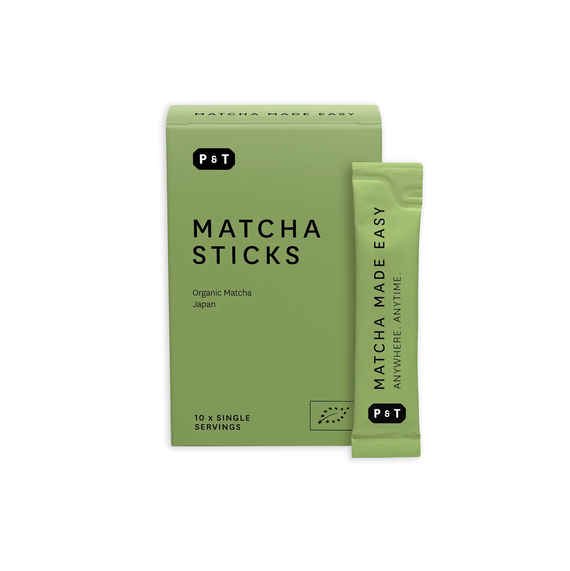 Grüne P&T Matcha Sticks Verpackung mit 10 Portionen und einzelnem Stick für einfaches Matcha-Trinken