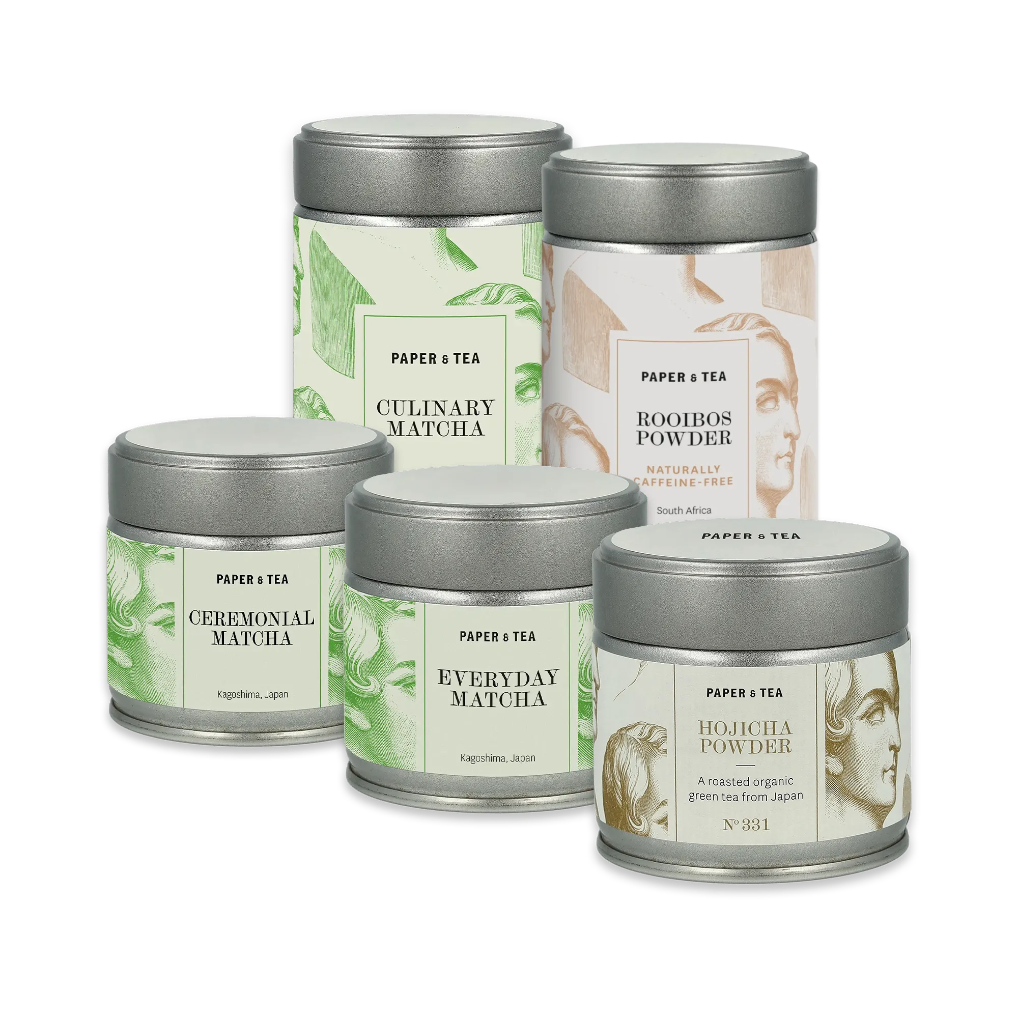 Fünf elegante Teedosen mit silbernen Deckeln, klassischen Porträts und Labels für Matcha und Rooibos.