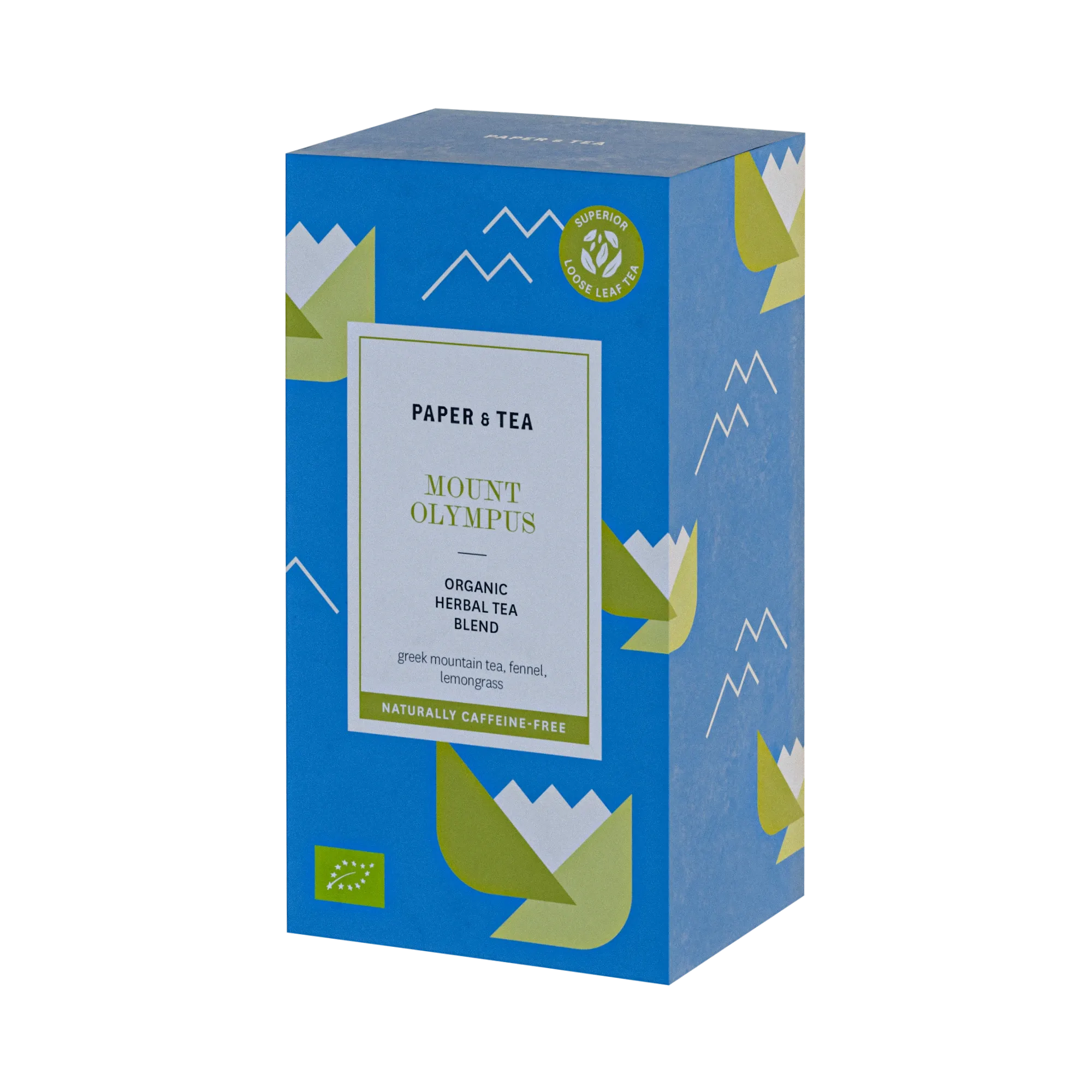 Blauer Teekarton von PAPER & TEA mit Bergillustrationen, enthält organischen Mount Olympus Kräutertee.