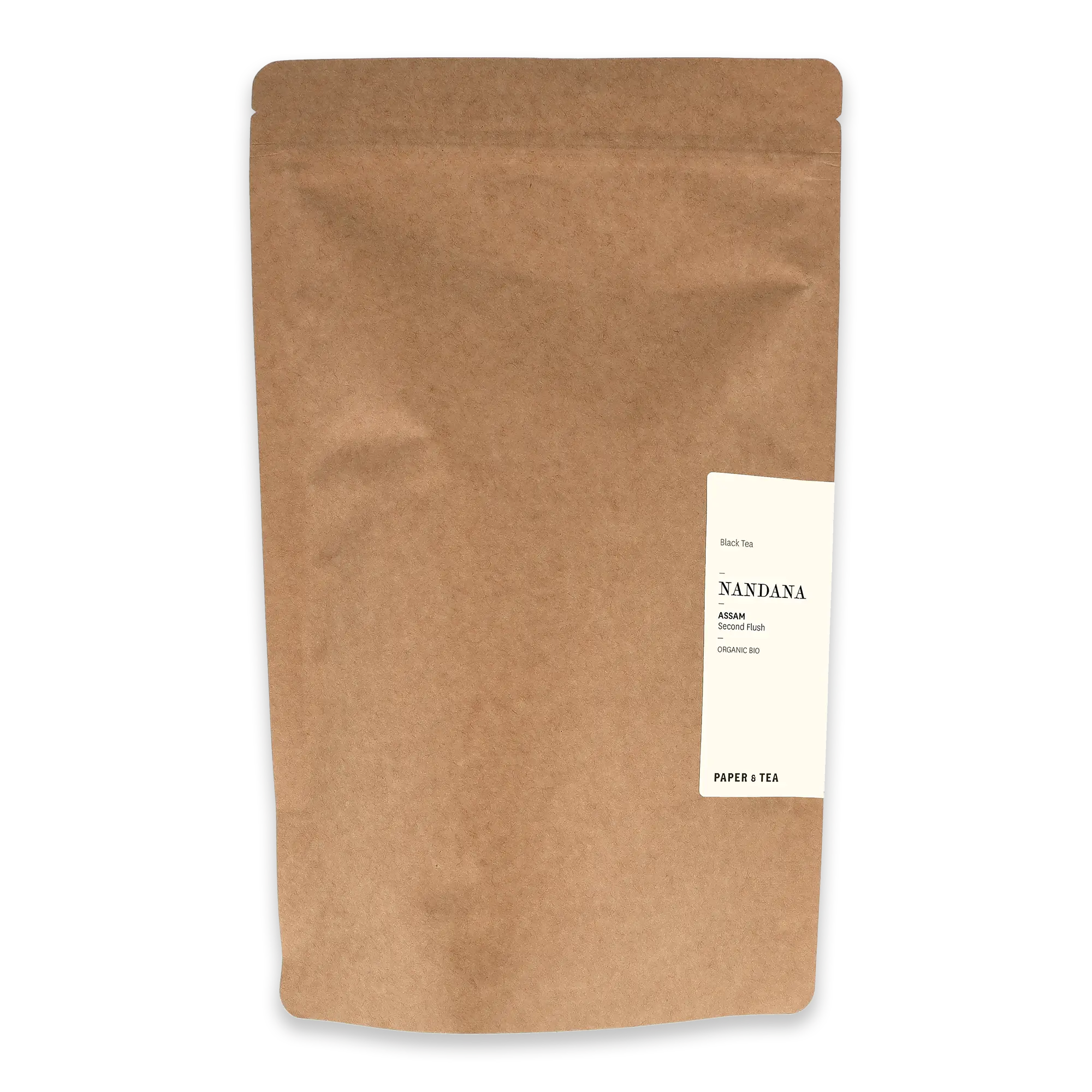 Kraftpapierbeutel mit wiederverschließbarem Verschluss und weißem Etikett, Assam-Tee von PAPER & TEA