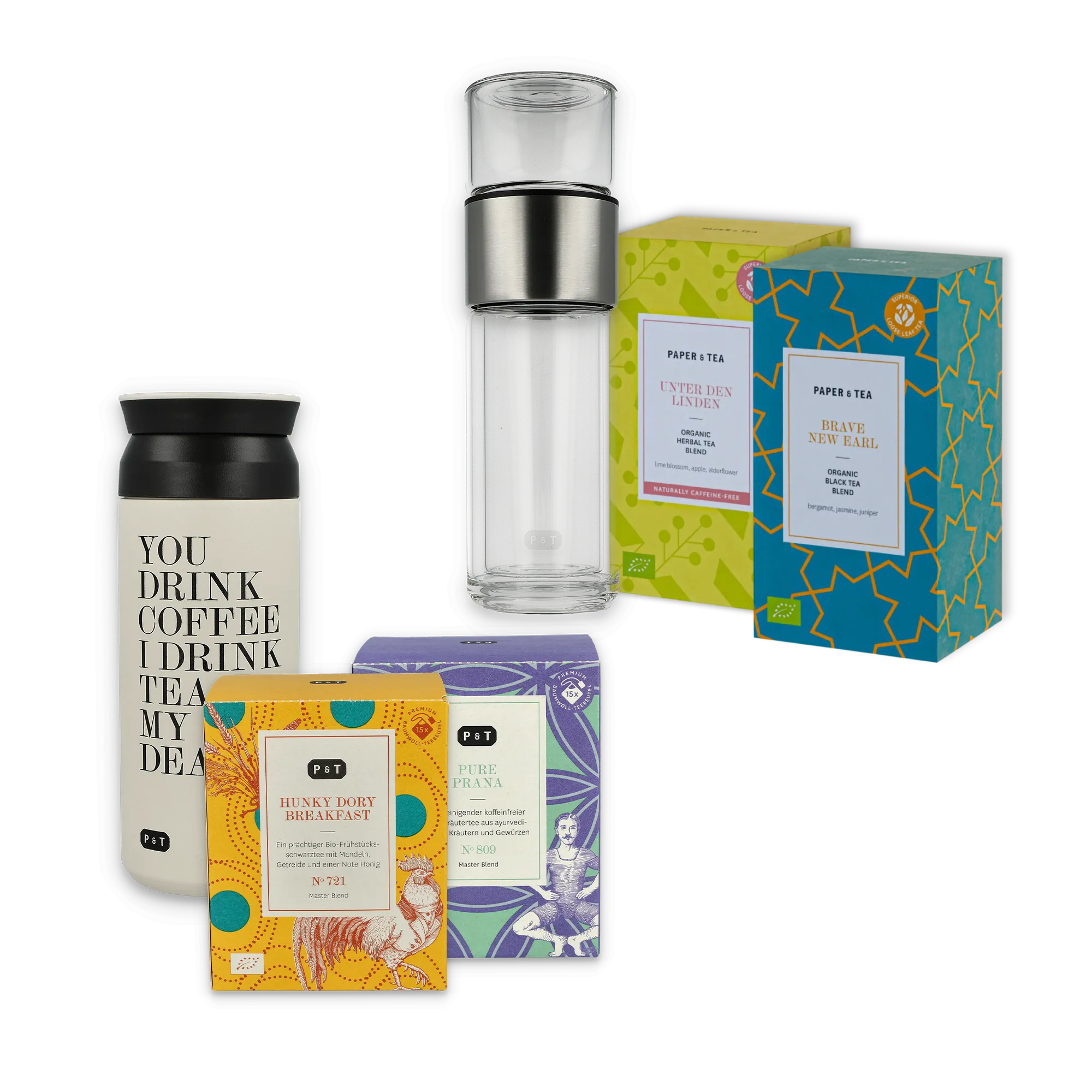 P & T Teedosen und wiederverwendbare Teeflasche mit Bio-Teemischungen.