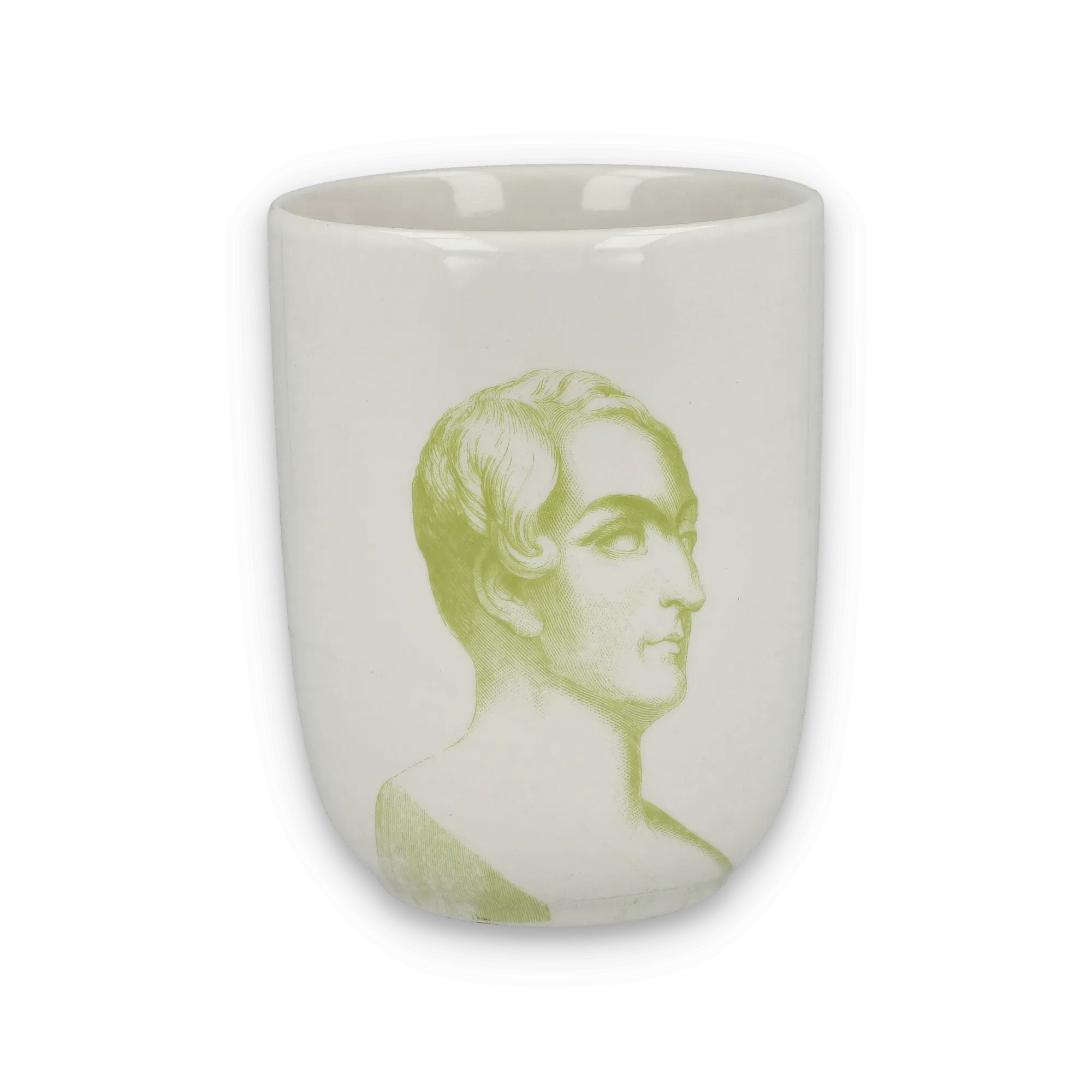 Weiße Keramiktasse mit grüner Illustration einer klassischen männlichen Büste vor schwarzem Hintergrund