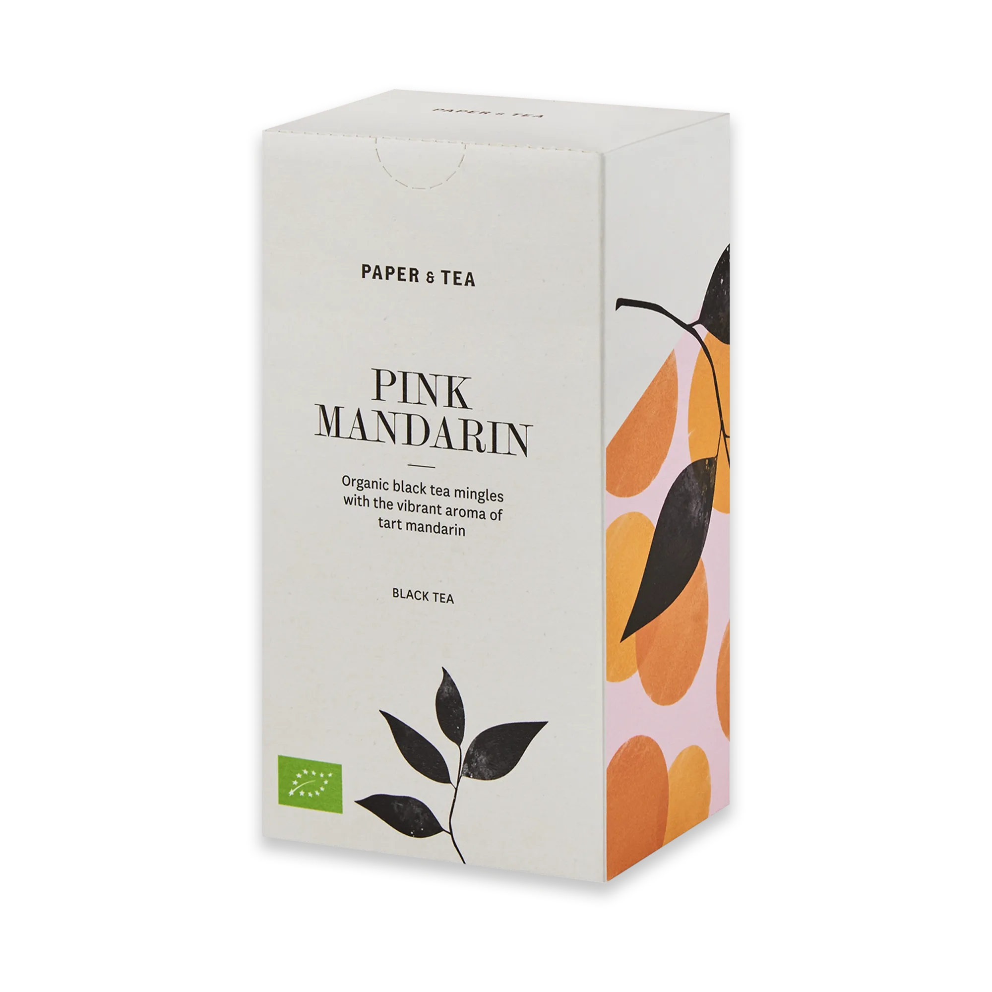 Minimalistische Box von PAPER & TEA mit Pink Mandarin Bio-Schwarztee, verziert mit Pflanzenzweig und orangefarbenen Ornamenten.