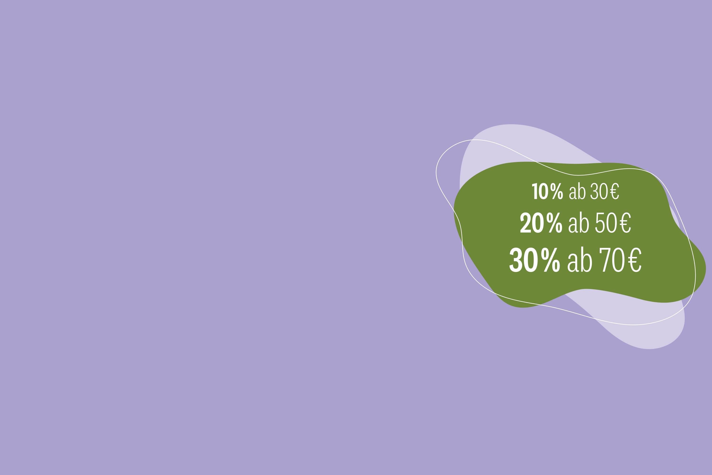 Grüner unregelmäßiger Blob mit weißen Konturen auf lila Hintergrund, zeigt Rabattstaffelung: 10 % ab 30 €, 20 % ab 50 €, 30 % ab 70 €.