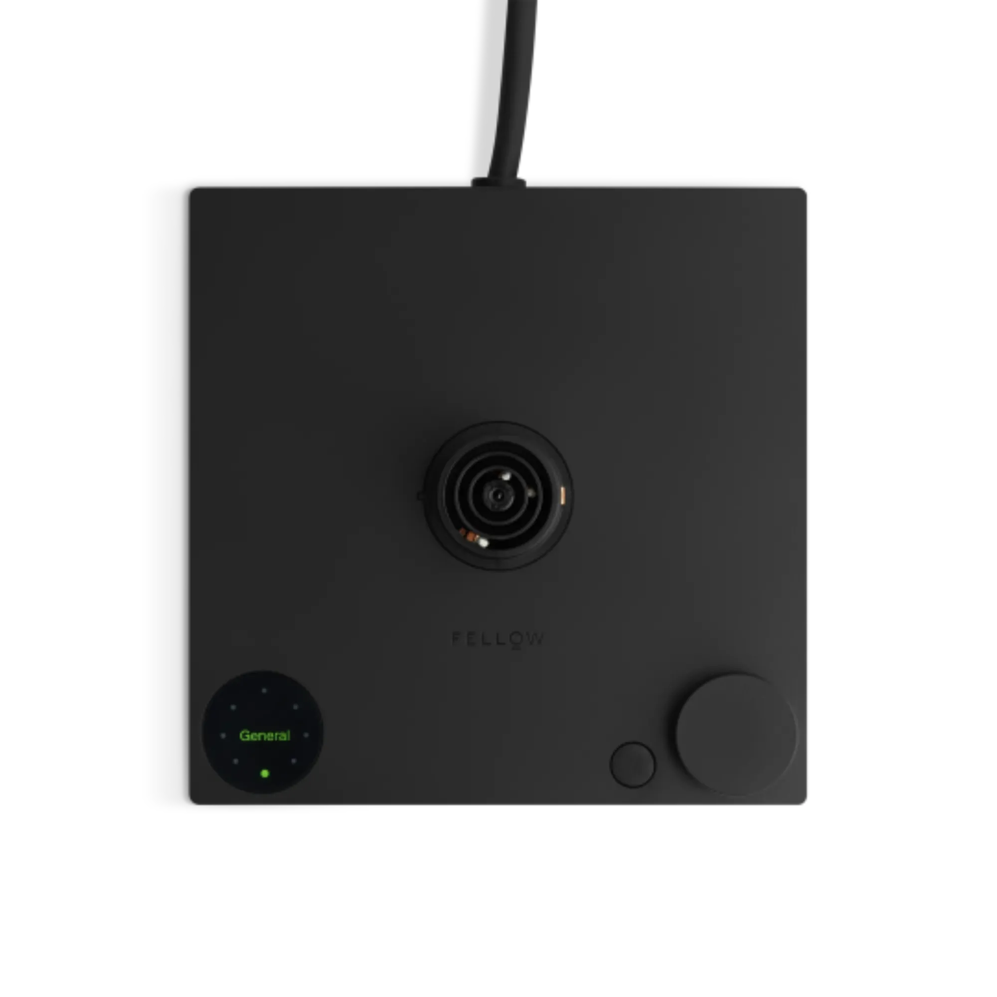 Schwarzes quadratisches FELLOW-Gerät mit zentraler Linse, grünem Display und großem Einstellknopf