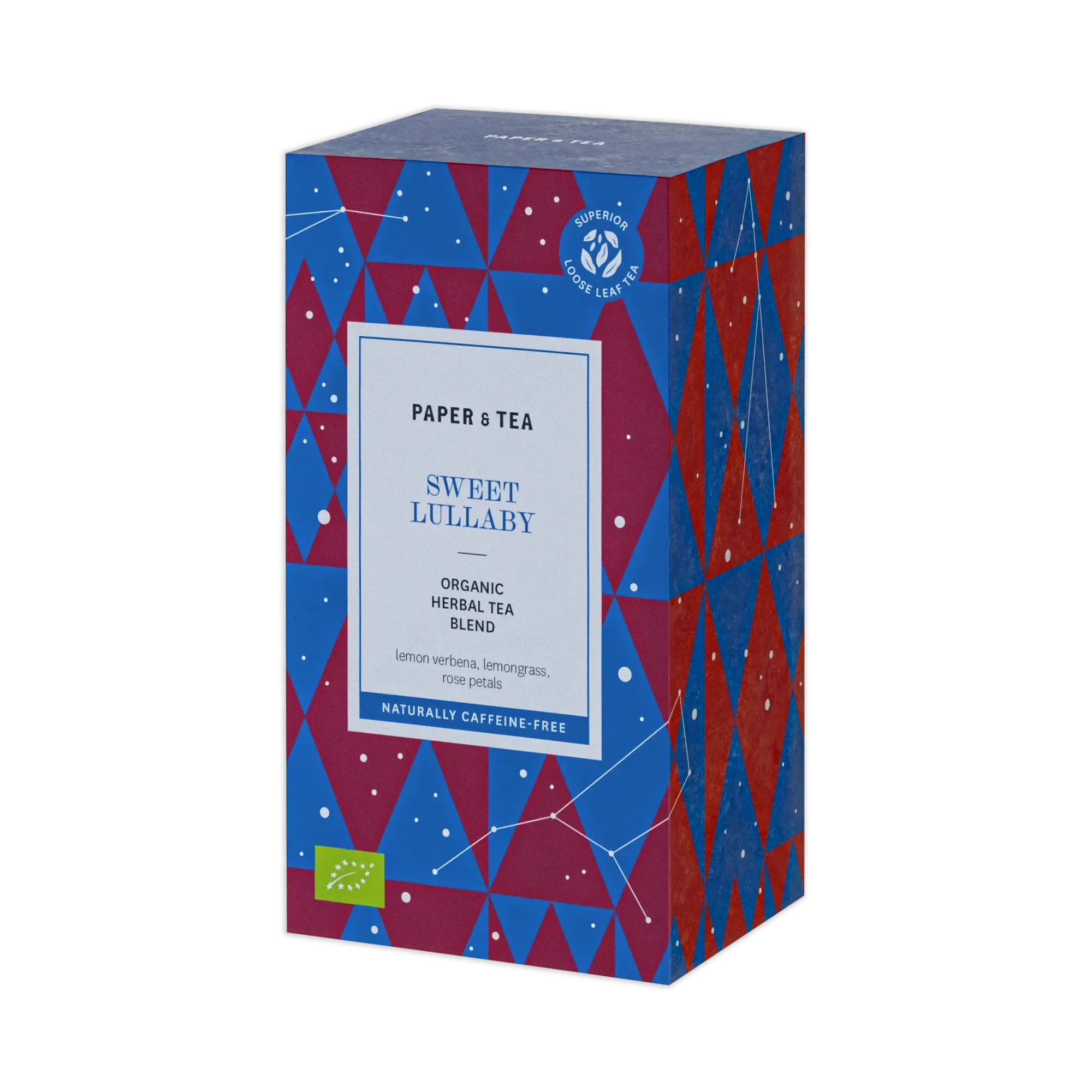 PAPER & TEA Packung für Organic Sweet Lullaby Kräutertee mit buntem Dreiecks- und Sternenmuster.