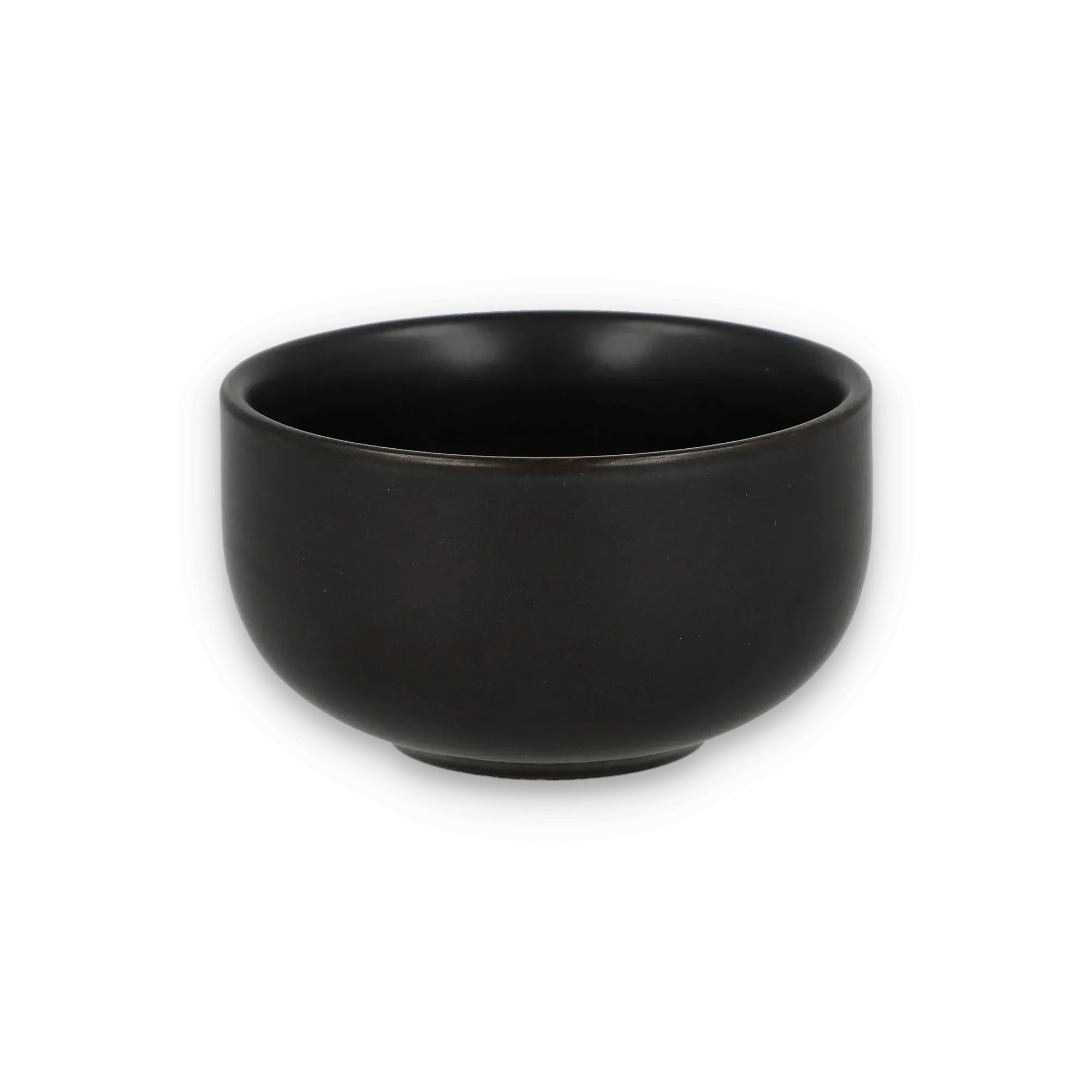 Mattierte schwarze Keramikschale mit glatter, abgerundeter Form auf schwarzem Hintergrund.