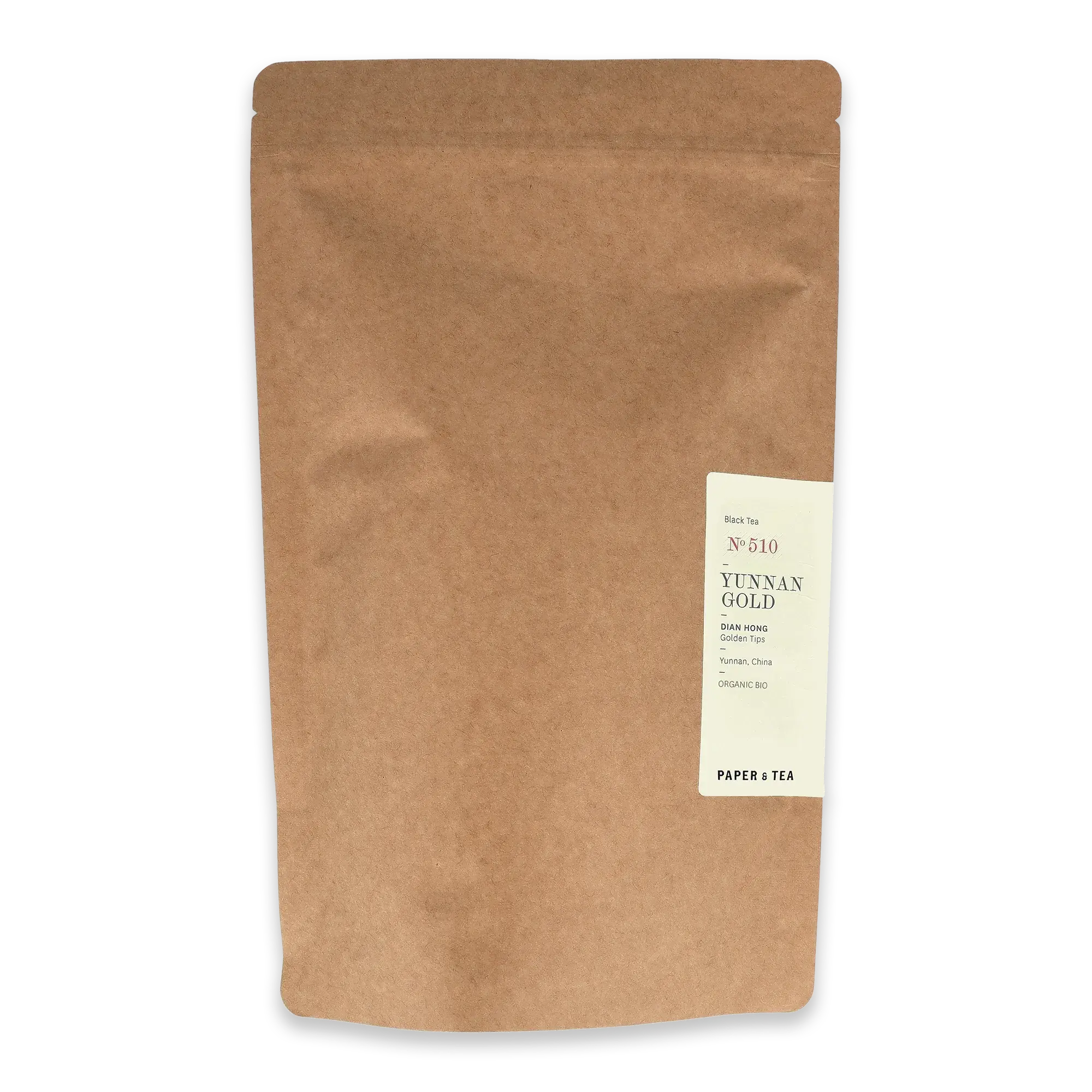 Braune Kraftpapier-Tüte mit Etikett, schwarzer Tee 'Yunnan Gold Dian Hong' aus Yunnan, bio, mit goldenen Spitzen
