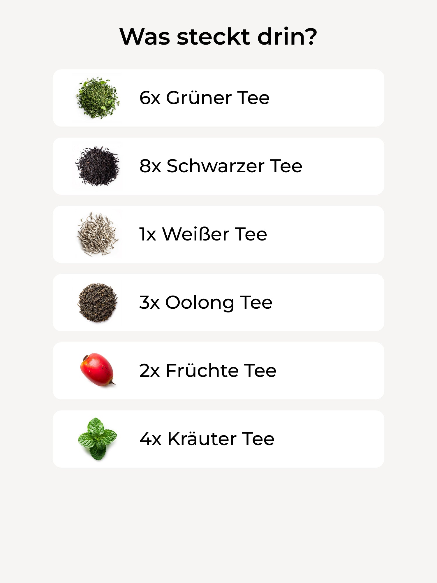Übersicht von Teesorten: Grüner, Schwarzer, Weißer, Oolong, Früchte-, Kräutertee mit passenden Bildern.