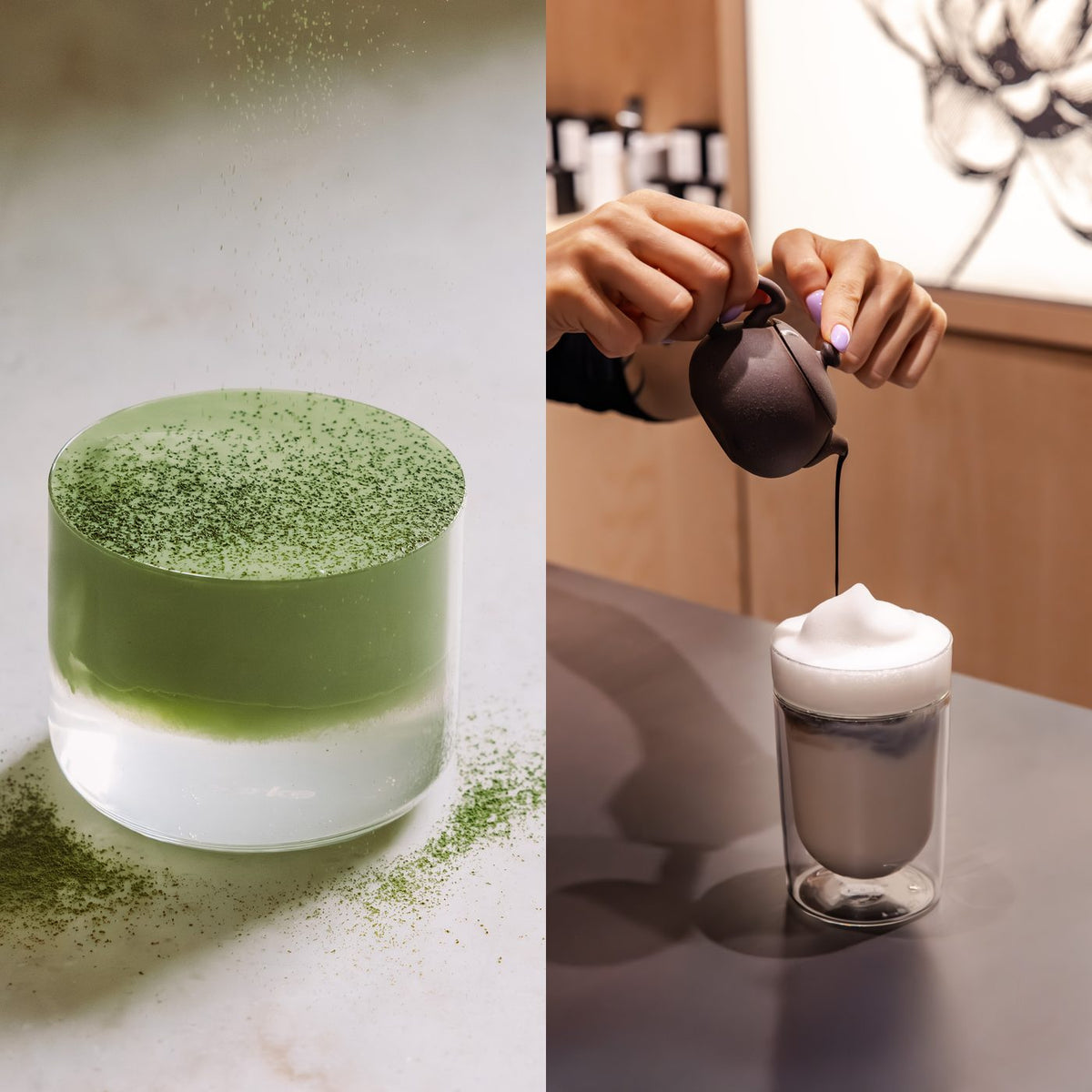 Zylindrisches Glas mit grünem Schichtgetränk und grünem Pulver, Hände mit lila Nägeln gießen Tee auf Milchschaum.