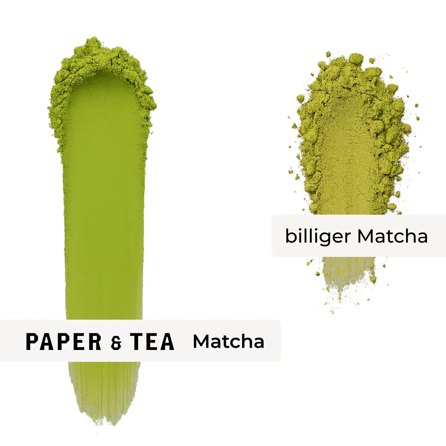 Zwei grüne Matcha-Pulverproben auf weißem Hintergrund: ein glatter Streifen hochwertiger PAPER & TEA Matcha und ein körnigerer Streifen von günstigem Matcha.